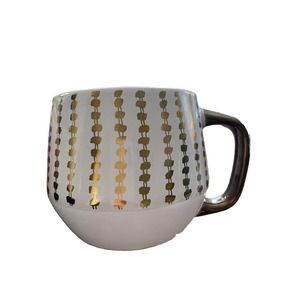 Anthropologie Gold Dot Coffee Mug Bronze Handle Wide Rim Stoneware Dishwasher 4”